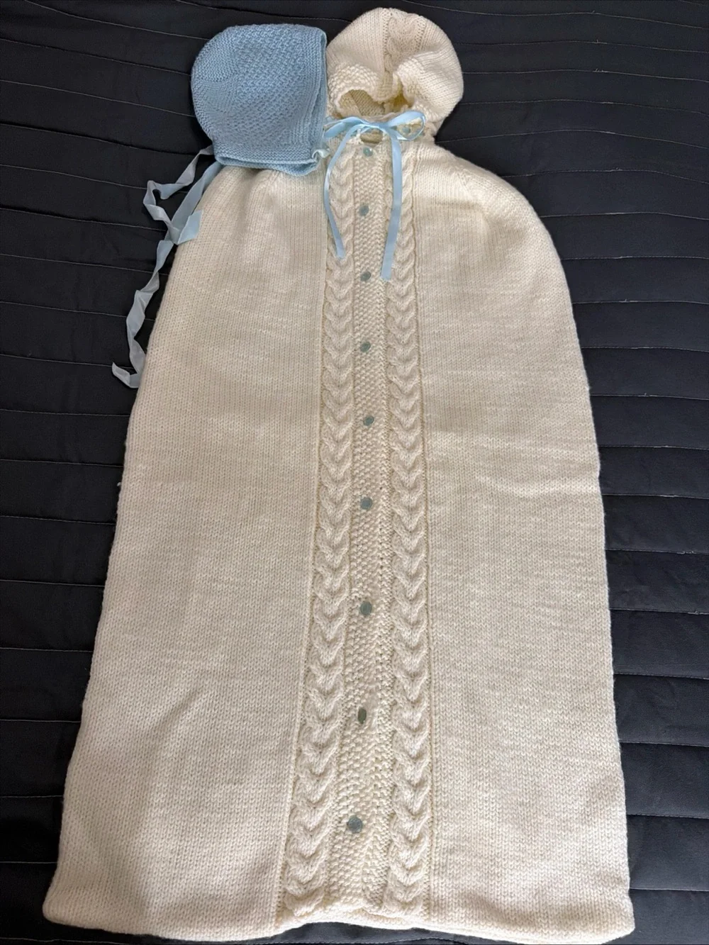 Cream Knit Hooded Baby Snuggler with Light Blue Accents